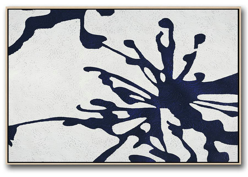 Hand Painted Acrylic Painting,Horizontal Abstract Painting Navy Blue Minimalist Painting On Canvas,Acrylic Painting Wall Art